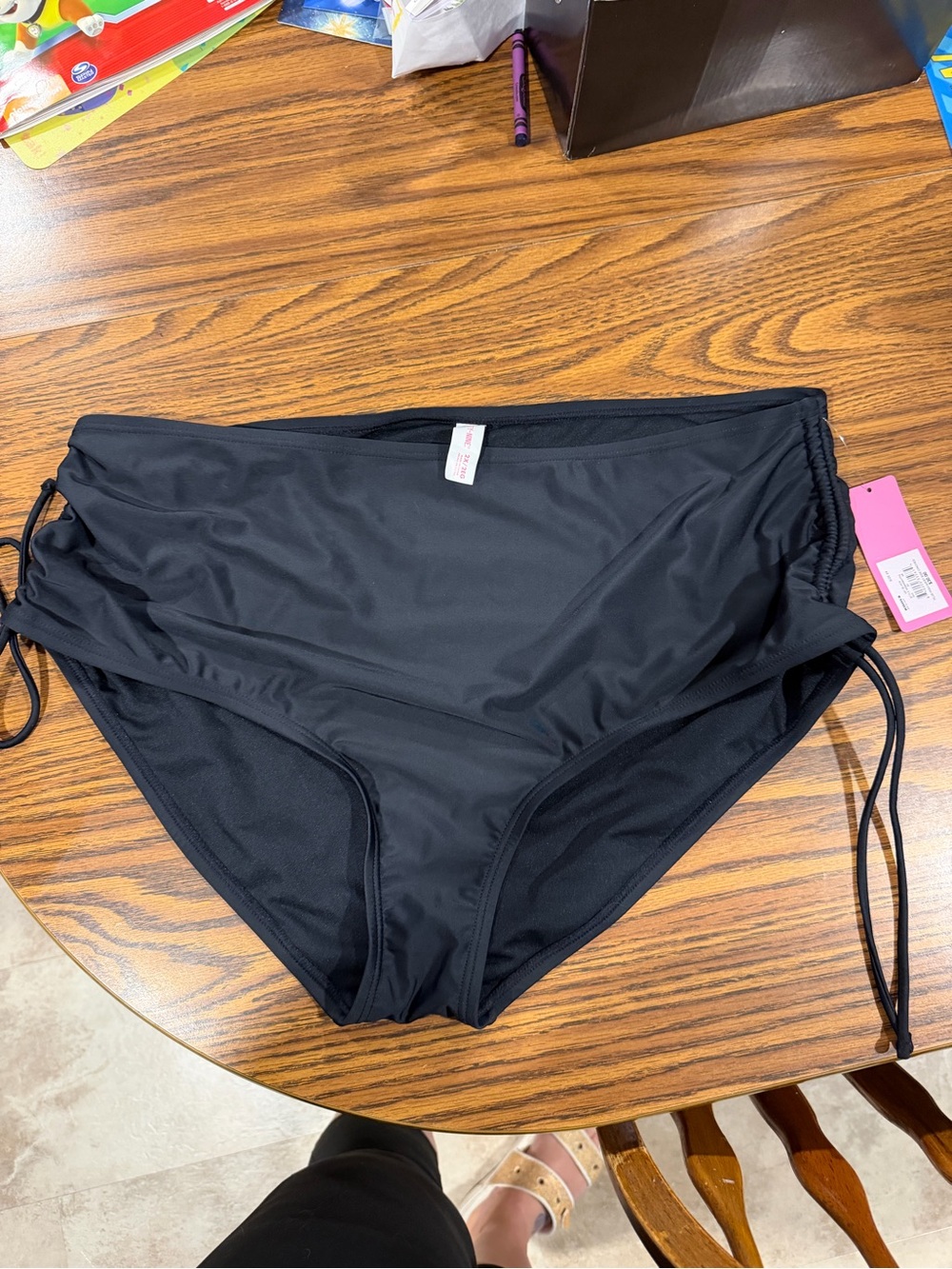 2X Black Bikini Swim Bottoms High Waist Full coverage drawstring tie side